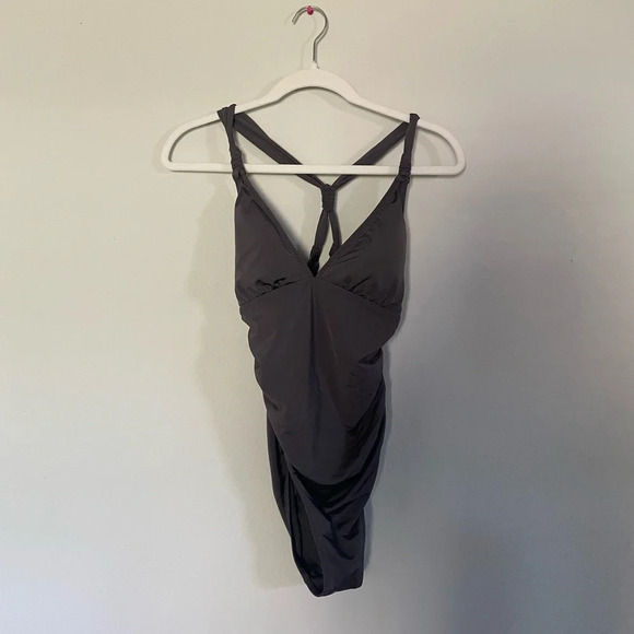 Athleta Aqualuxe one piece Ruched Tie Back Gray Full Coverage Medium - Picture 3 of 10
